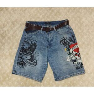 Vintage Ed Hardy Jorts Men 34 Denim Shorts Skull Eagle Tattoo Y2K Baggy Grunge